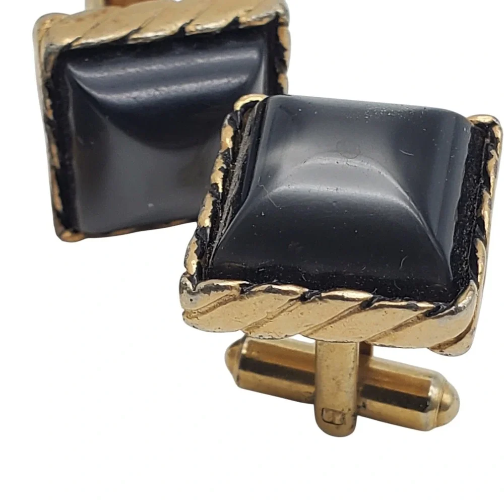Dark Gray Square Cufflinks & Tie Clip Gold Tone Bar Clasp Faux Moonglow Vtg Set